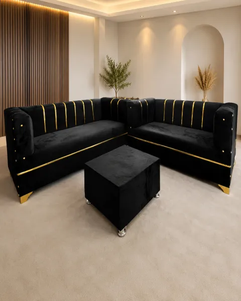 Sofás 3/2 Negro con Detalles Dorados